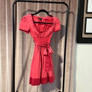 bebe Scoop Neck Puff Sleeve Tie Back Satin Hem Mini Dress, xxs fuchsia, cotton